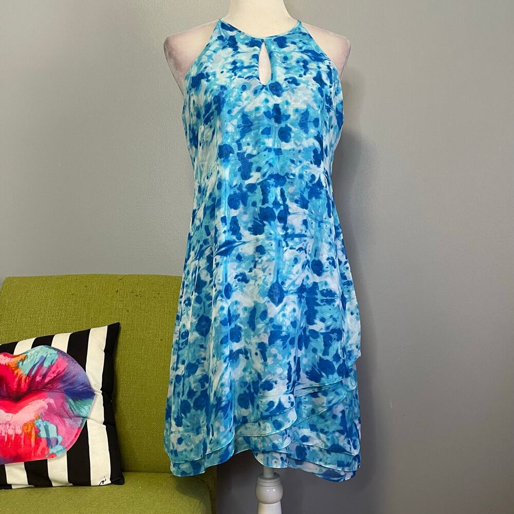 Calvin Klein Blue Patterned Chiffon Keyhole Cocktail Dress 6